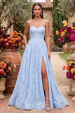 Vestido largo de fiesta azul con flores, cuentas, sin tirantes y abertura