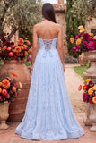Vestido largo de fiesta azul con flores, cuentas, sin tirantes y abertura