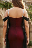 Vestido largo de dama de honor de talla grande negro rojo con espaldas frías