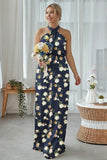 Vestido largo largo de dama de honor estampado de talla grande con halter, azul y corte