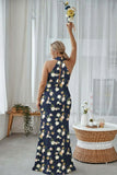 Vestido largo largo de dama de honor estampado de talla grande con halter, azul y corte