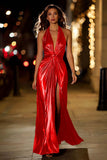 Vestido Largo Formal con Pliegue Metálico Halter Dorado con Abertura