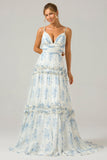 Vestido de dama de honor de tul largo de flor azul blanca una línea con volantes