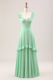 Verde Una línea fuera del hombro Corsé Vestido de dama de honor con volantes