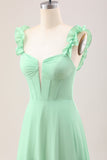 Verde Una línea fuera del hombro Corsé Vestido de dama de honor con volantes