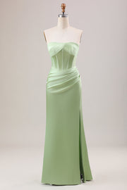 Corsé de vaina verde vestido de dama de honor largo sin tirantes con abertura