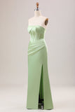 Corsé de vaina verde vestido de dama de honor largo sin tirantes con abertura