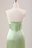 Corsé de vaina verde vestido de dama de honor largo sin tirantes con abertura