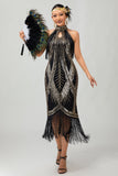Vestido de lentejuelas doradas negras con halter bodycon de los años 20 con flecos