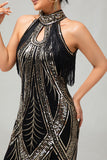 Vestido de lentejuelas doradas negras con halter bodycon de los años 20 con flecos