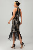 Vestido de lentejuelas doradas negras con halter bodycon de los años 20 con flecos
