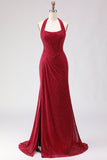 Vestido largo de baile de graduación con agujeros de sirena rojo oscuro con cuentas y corte