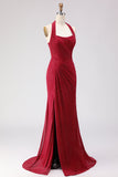 Vestido largo de baile de graduación con agujeros de sirena rojo oscuro con cuentas y corte