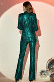 Trajes de mujer de lentejuelas de solapa con muescas verdes brillantes con cinturón