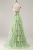 Corsé verde A Line sin tirantes Vestido largo de tul con volantes y abertura