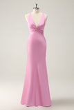 Vestido largo de dama de honor de satén con cuello en V de sirena Verde Oscuro