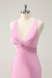 Vestido largo de dama de honor de satén con cuello en V de sirena rosa