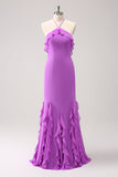 Vestido largo de dama de honor de gasa con volantes halter de sirena de Tahití