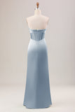 Corsé de vaina azul polvoriento vestido de dama de honor largo sin tirantes con abertura