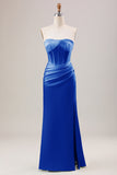 Corsé de vaina azul polvoriento vestido de dama de honor largo sin tirantes con abertura