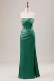 Corsé de vaina verde vestido de dama de honor largo sin tirantes con abertura