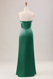 Corsé de vaina verde vestido de dama de honor largo sin tirantes con abertura