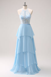 Vestido de dama de honor largo floral halter azul brillante con cordones en la espalda