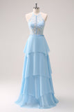 Vestido de dama de honor largo floral halter azul brillante con cordones en la espalda