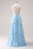 Vestido de dama de honor largo floral halter azul brillante con cordones en la espalda