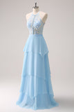 Vestido de dama de honor largo floral halter azul brillante con cordones en la espalda