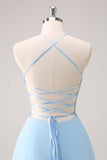 Vestido de dama de honor largo floral halter azul brillante con cordones en la espalda