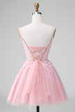 Vestido de cóctel corto de corte A de tul con apliques de rubor princesa
