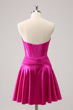 Vestido de fiesta corto con corsé y escote en forma de A fucsia