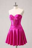 Vestido de fiesta corto con corsé y escote en forma de A fucsia