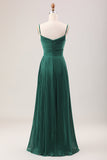 Vestido de dama de honor largo de gasa con tirantes de espagueti de línea A verde oscuro