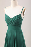 Vestido de dama de honor largo de gasa con tirantes de espagueti de línea A verde oscuro
