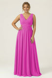 Vestido de dama de honor de chiffon azul polvoriento con escote en V y largo vestido de dama de honor de talla grande con encaje en la espalda