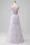 Tirantes de espagueti de flor de lavanda Un vestido largo de dama de honor de línea con abertura