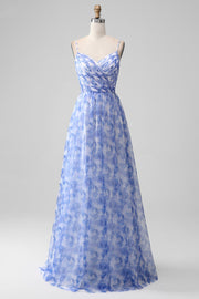 Vestido largo de dama de honor con tirantes finos de una línea azul