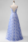 Vestido largo de dama de honor con tirantes finos de una línea azul