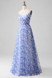 Vestido largo de dama de honor con tirantes finos de una línea azul