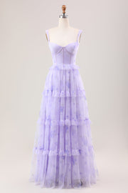 Lavanda Una Línea Corsé Tirantes De Espagueti Floral Escalonado Vestido Largo De Dama De Honor