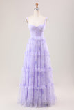Lavanda Una Línea Corsé Tirantes De Espagueti Floral Escalonado Vestido Largo De Dama De Honor