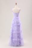 Lavanda Una Línea Corsé Tirantes De Espagueti Floral Escalonado Vestido Largo De Dama De Honor