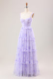 Lavanda Una Línea Corsé Tirantes De Espagueti Floral Escalonado Vestido Largo De Dama De Honor
