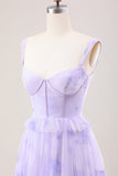 Lavanda Una Línea Corsé Tirantes De Espagueti Floral Escalonado Vestido Largo De Dama De Honor