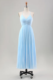 Vestido de invitada de boda de gasa plisada azul cielo una línea
