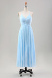 Vestido de invitada de boda de gasa plisada azul cielo una línea