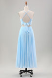 Vestido de invitada de boda de gasa plisada azul cielo una línea