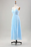Vestido de invitada de boda de gasa plisada azul cielo una línea